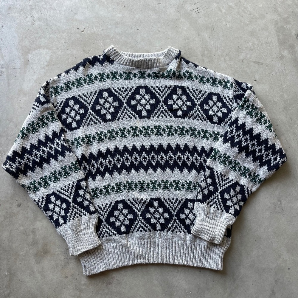 Northwest Territory Mens XL Fair Isle Knit Sweater Grey Navy Green Made in USA